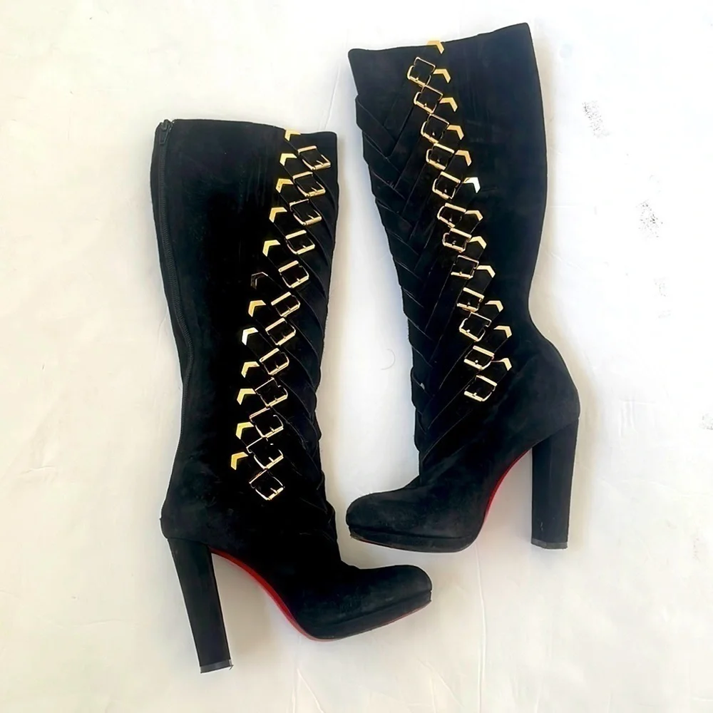 Christian Louboutin Black Suede leather Lady Trop tall boots 37.5